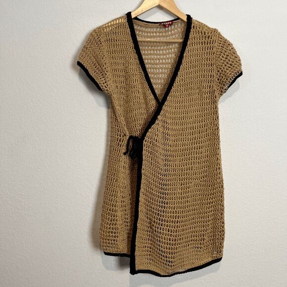 Staud Spritz natural Black Trim Tie Waist Cover-Up Dress Women's Size Medium - Picture 2 of 6